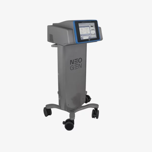 Side-profile view of the NeoGen plasma machine on a wheeled base.