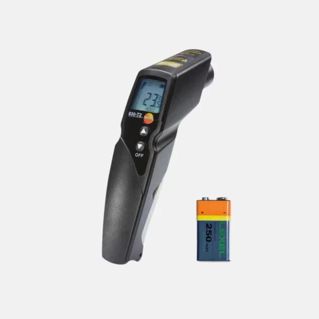Front view of Testo 830-T2 infrared thermometer showing digital temperature display screen.