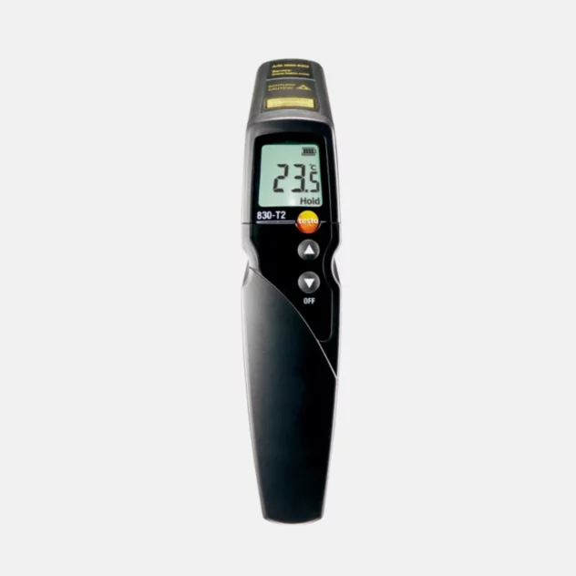 Side profile view of Testo 830-T2 laser infrared thermometer shown with an included 9V battery.